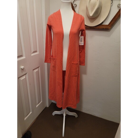 LULAROE SARAH LONG CARDIGAN DUSTER SALMON/CORAL POCKETS LONG SLEEVE SIZE XS - Picture 1 of 4